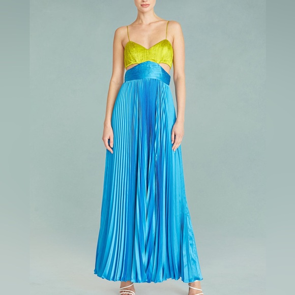 Amur Blue and Lime‎ Green Pleated Maxi Dress Elodie Gown - Picture 2 of 14